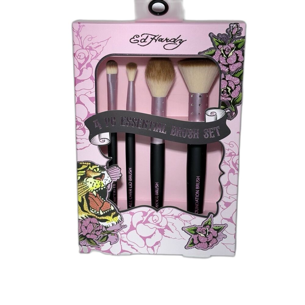 Ed Hardy 4 Pc Essential Makeup Brush Set New In Box